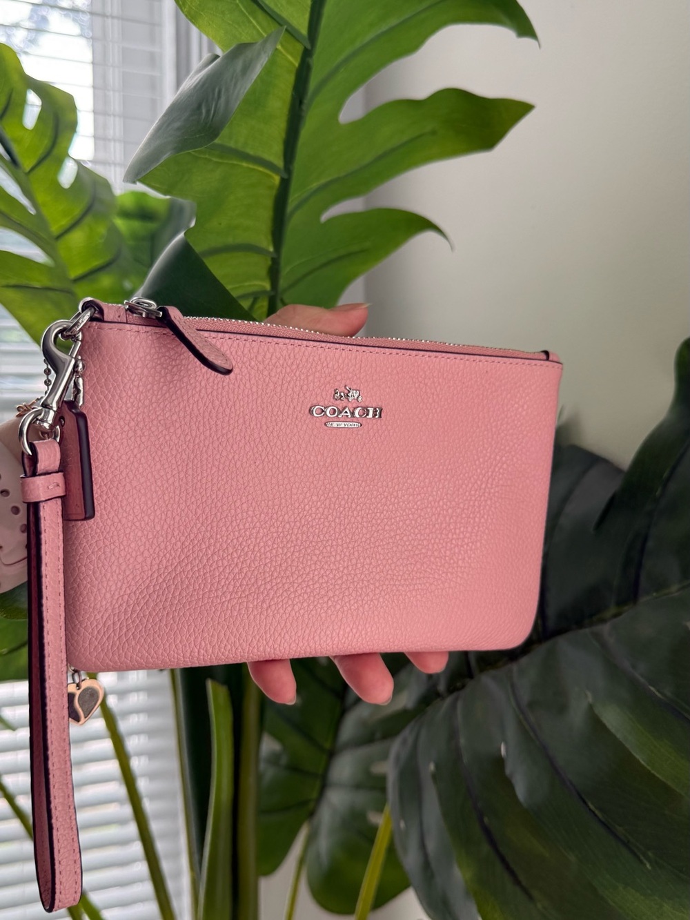 Coach Pink Pebbled Leather Wristlet with Heart Charm